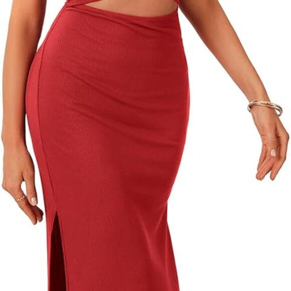 Women's Ribbed Knit Long Dress Spaghetti Strap Wrap Side Split Bodycon - Picture 4 of 6